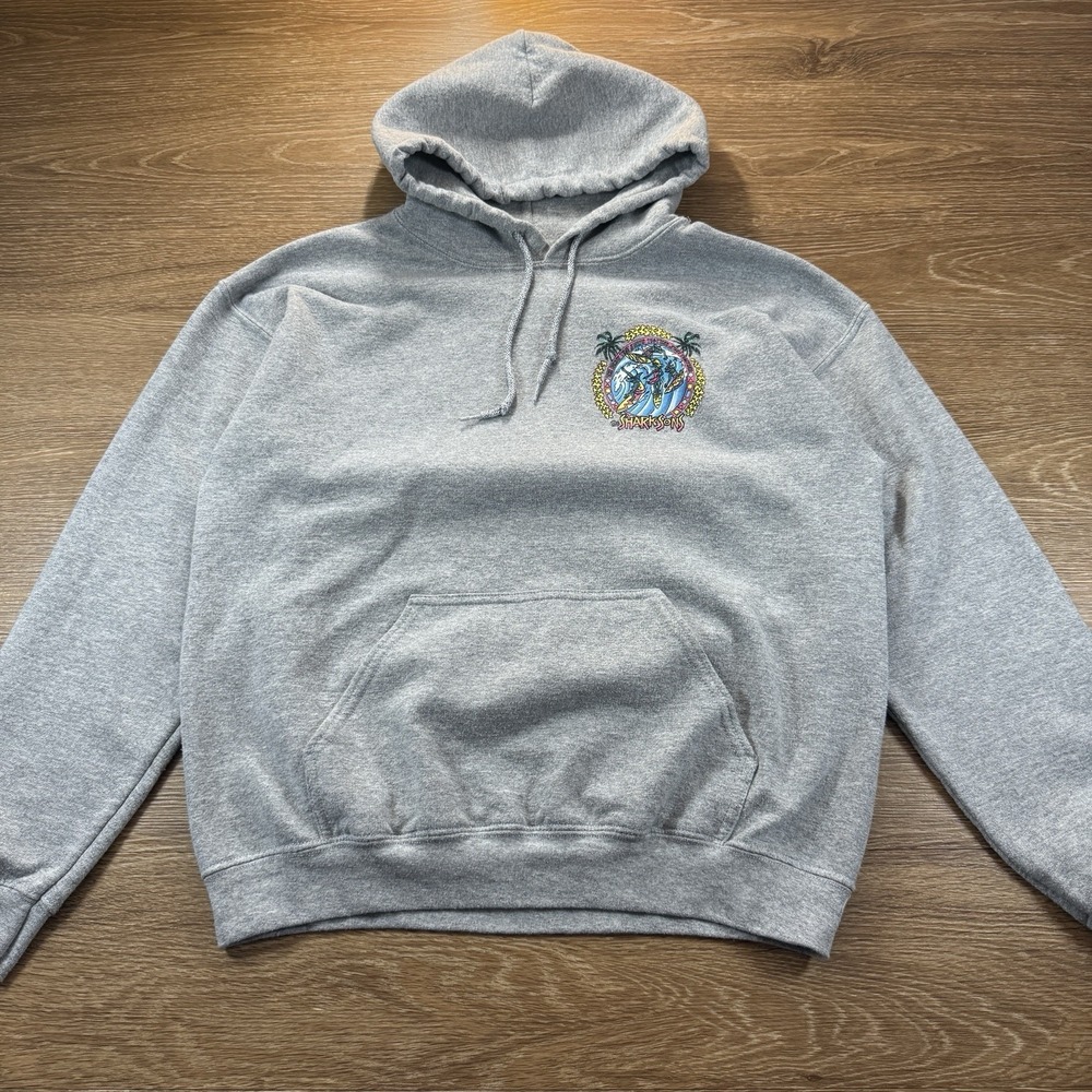 Maui and Sons Sharksons Surf Hoodie Medium Gray 90s Retro Graphic Sweatshirt